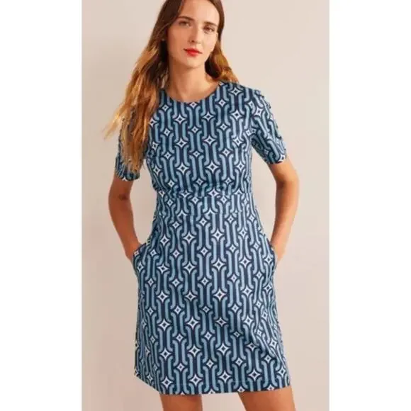 boden cotton mini shift dress BODEN Cotton Mini Shift Dress •Women 8R• Geometric Green Blue D0342 NWOT